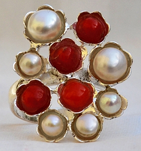  Anello in Argento, Perle e Corallo Madrepora